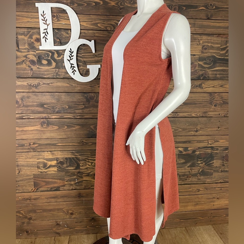 LuLaRoe | Sleeveless Duster Cardigan‎ Rust Orange Open Front Vest Knit Split Hem